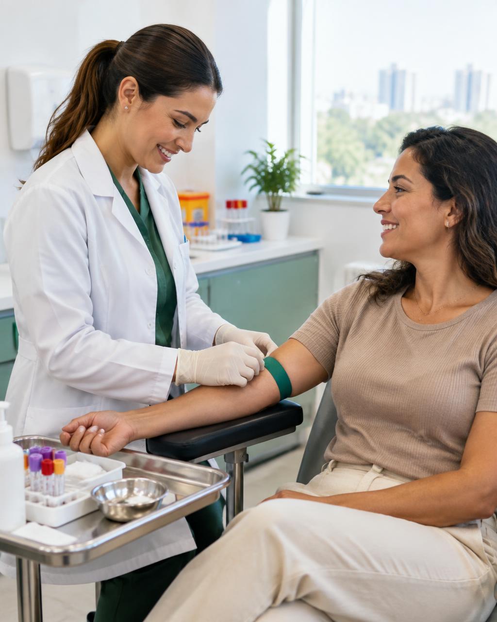 Profissional de saúde atendendo uma paciente durante uma coleta de sangue